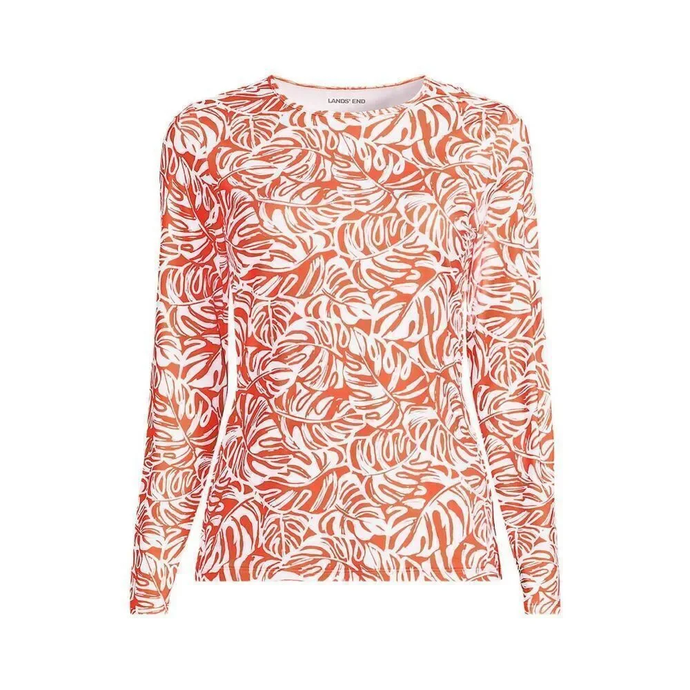 Land's End long sleeve swim tee rashguard, orange mini tropic leaves size large